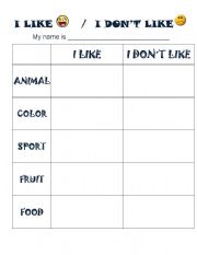 English Worksheet: I like I dont Like