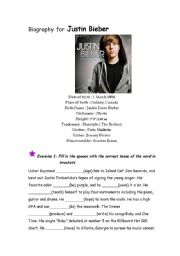 English Worksheet: Justin Bieber- tenses, personal information, comprehension, T & F questions and writing an email (KEY included)