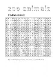 English Worksheet: zoo animals wordsearch