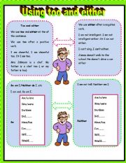 English Worksheet: using too and either