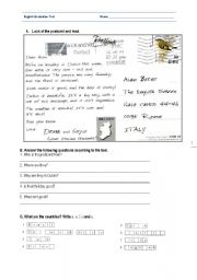 English Worksheet: English test about travelling, nationalities, shops, body, past and possessives