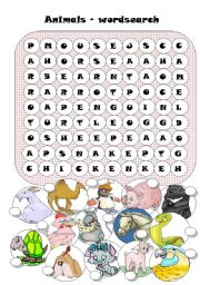 English Worksheet: animals wordsearch