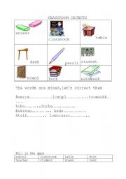 English worksheet: classroom objects