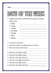 English Worksheet: DAYS OF THE WEEk