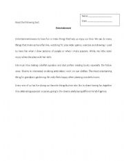 English worksheet: Reading Entertainment