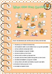 English Worksheet: Garfield daily routines and time!