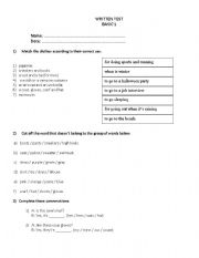 English worksheet: Written Test - Basic LVL - Includes clothes vocabulary, greetings and possessives. 