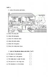 English Worksheet: rooms in the house, colours, in/on/under