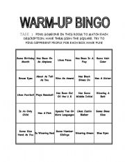 English Worksheet: Warm-Up Bingo