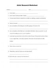 English Worksheet: Artist Research Worksheet