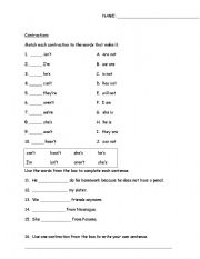 English worksheet: Contractions Matching