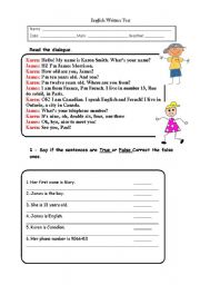 English Worksheet: written test on personal identification, colours, countries, nationalities, verbs Have got and To Be
