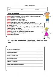 English Worksheet: written test on personal identification, colours, countries, nationalities, verbs Have got and To Be