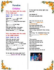 English Worksheet: Working with verb tenses : Song - Paradise (Coldplay) , with answer key