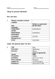 English Worksheet: completing a form esol