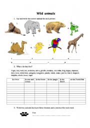 English worksheet: Wild animals, location, new animal vocabulary