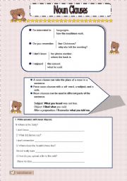 English Worksheet: NOUN CLAUSES EXERCISES WITH KEY