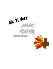 English Worksheet: Mr. Turkey Poem