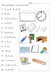 English Worksheet: Classroom Fill in the Letter