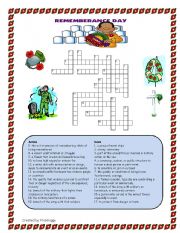 English Worksheet: Remembrance Day Crossword