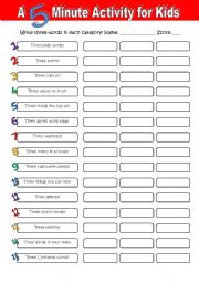 English Worksheet: A 5 Minute Activity for Kids #1