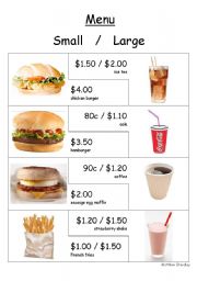 English Worksheet: Food - Hamburger shop menu and flashcards