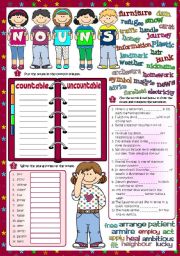 English Worksheet: Parts of speech - NOUNS *Countable - Uncountable; Word formation; Plurals* (Greyscale + KEY included)