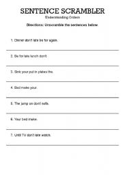 English worksheet: Sentence Scramble - understanding orders