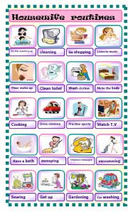 English Worksheet: routines of a housewife pictionary