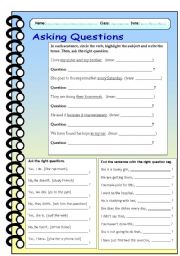 English Worksheet: Asking questions (WH-questions, Yes/No questions, Question tags)