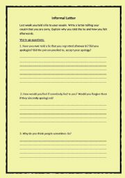 English worksheet: Write a letter telling your cousin that you are sorry.