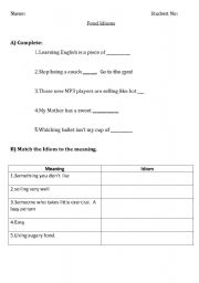 English Worksheet: Food Idioms - Food for Thought Worksheet and Discussion