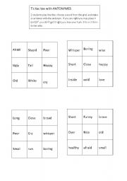 English Worksheet: Tic-Tac-Toe with ANTONYMES (opposites)