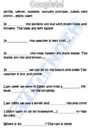 English worksheet:  seasons exercise and travel vocabulary