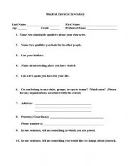 English Worksheet: Student Inventory Questionnaire