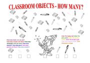 English Worksheet: Classroom objects/ Colors/ How many/ Numbers 1-10