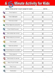 English Worksheet: A 5 Minute Activity for Kids #2