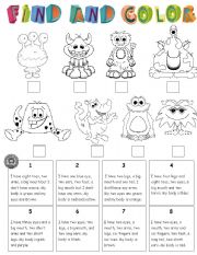 English Worksheet: FIND THE MONSTER AND COLOR