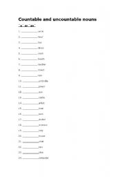 English worksheet: Countable and uncountable