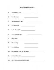 English worksheet: Find Someone Who Activity