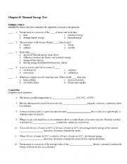 English worksheet: Thermal Energy Test