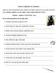 English Worksheet: order of adjectives in a sentence