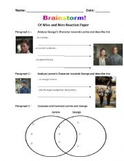 English worksheet: Of Mice and Men Reaction Paper Graphic Organizer