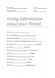 English Worksheet: Giving information about a friend