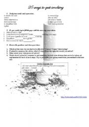 English Worksheet: 25 ways to quit smoking (video. health.addictions.conditionals)