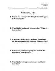 English Worksheet: Monsters Inc Q & A Worksheet 