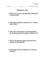 English worksheet: Monsters Inc Q & A Worksheet 