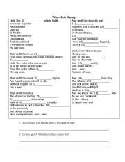 English worksheet: Bob Marley - War - Cloze Worksheet