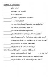 English worksheet: Getting to know you question and answer forms