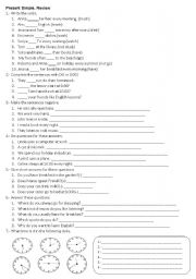 English Worksheet: Review. Present simple and hours